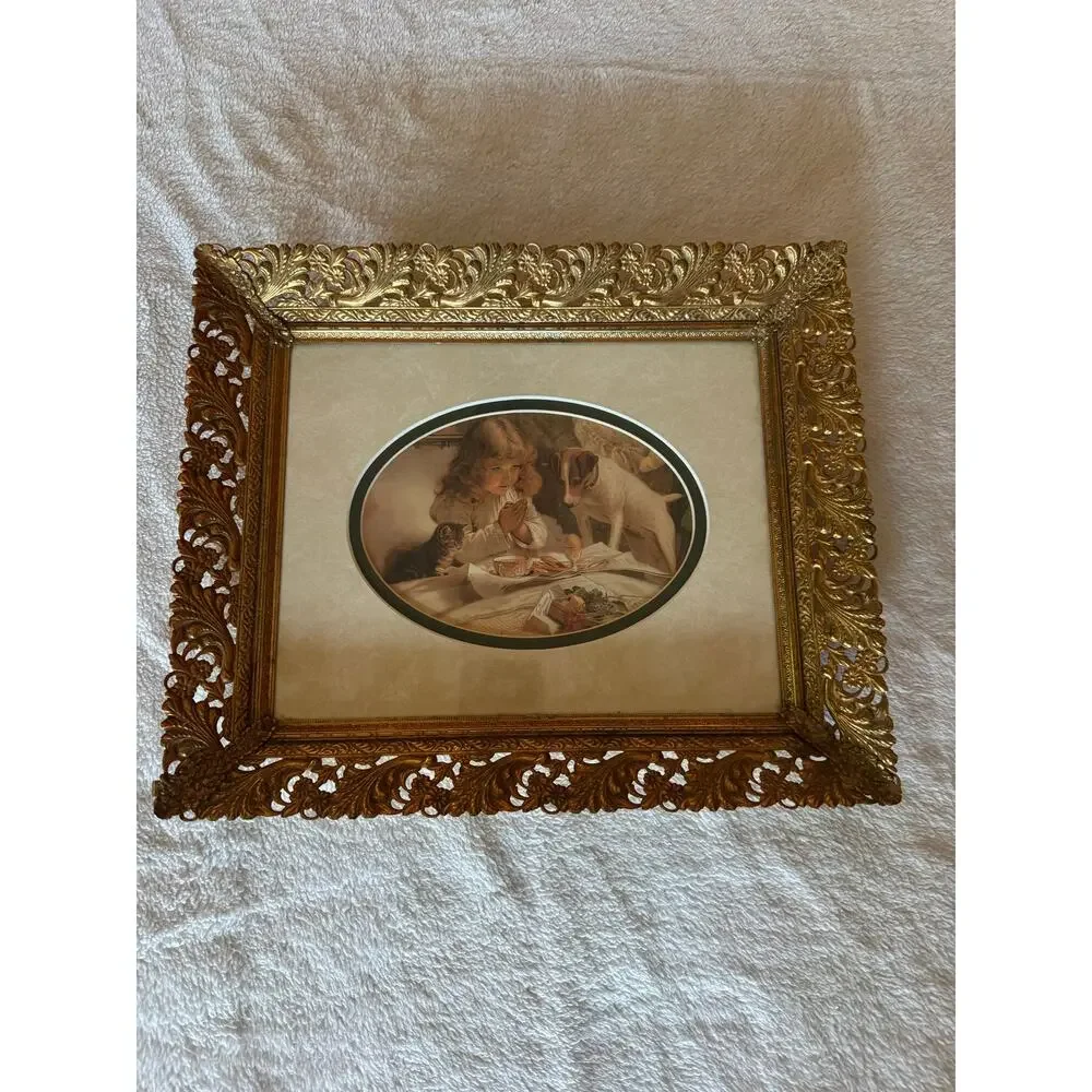 Charles BurtonBarber print ThePrayer in a vintage ornate brass frame
